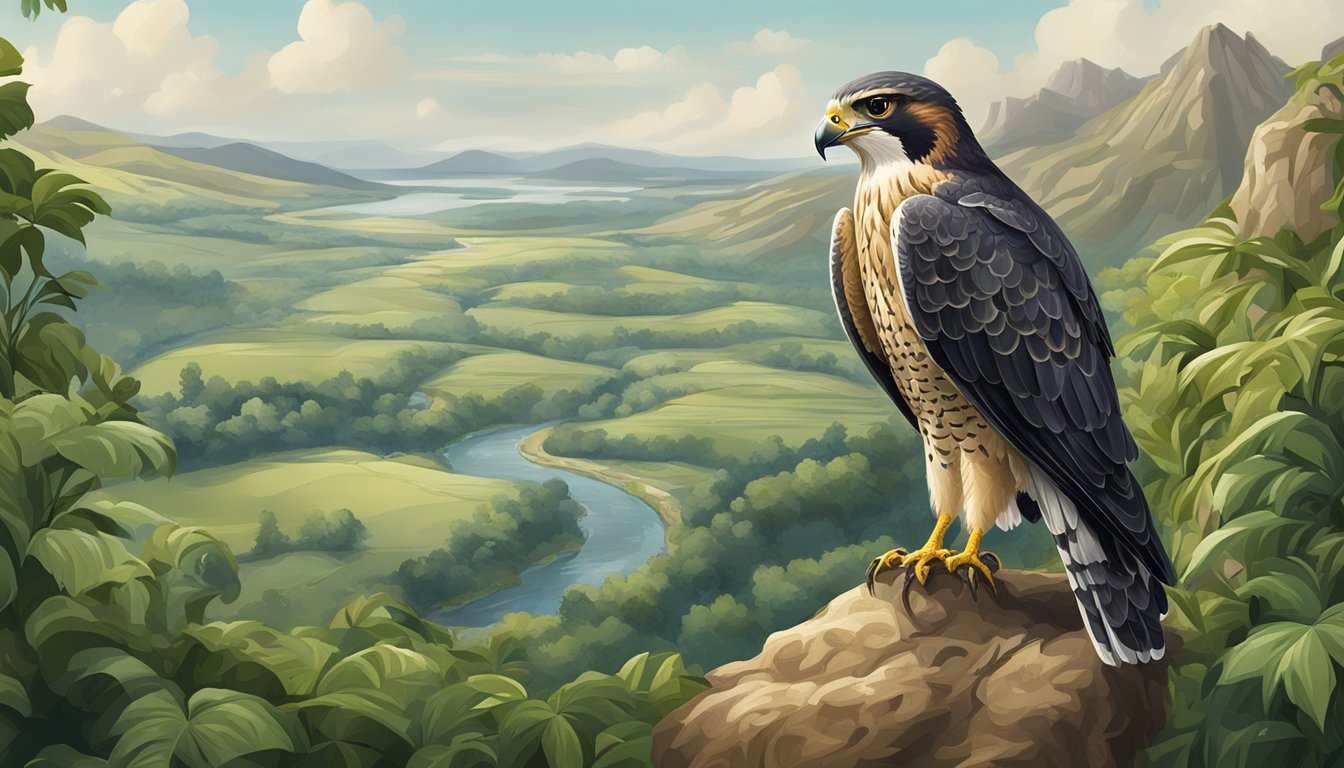 A falcon perched on a leather glove, surrounded by lush greenery and a medieval-style hunting landscape