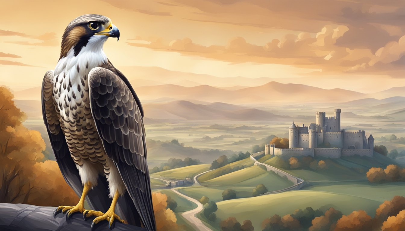 A falcon perched on a leather gloved hand, with a landscape of rolling hills and a medieval castle in the background