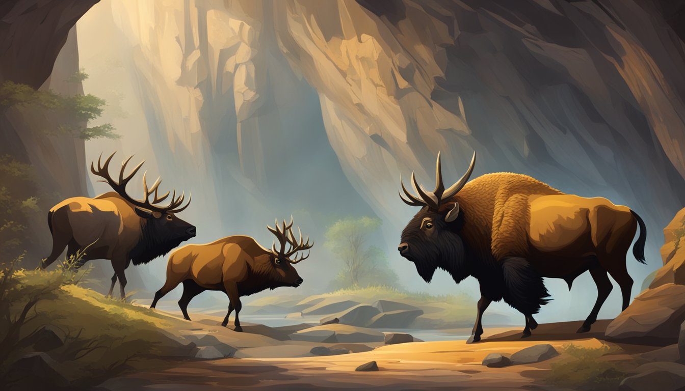 A group of prehistoric animals, including bison and deer, are depicted in a hunting scene on the walls of a dark and mysterious ancient cave