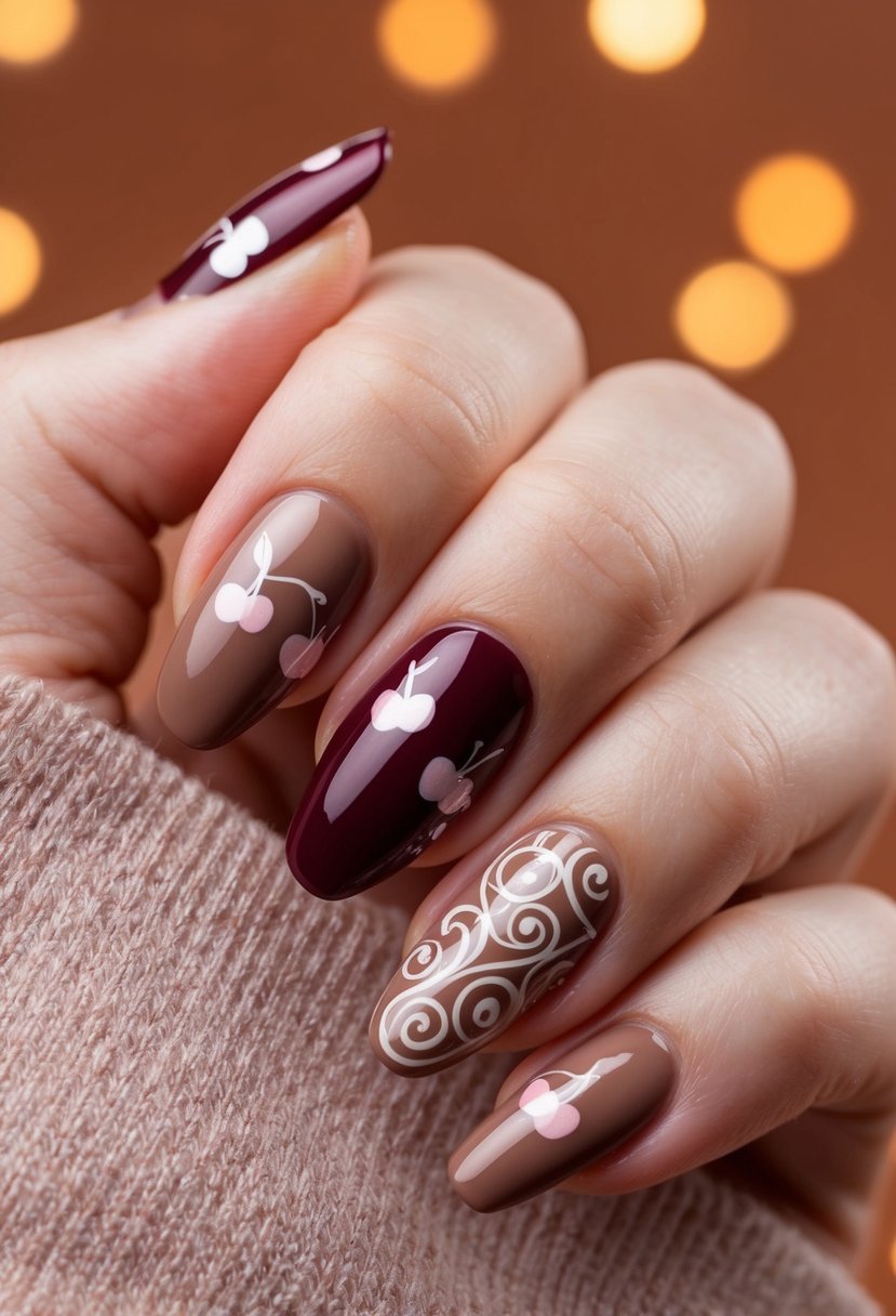 A close-up of ombre cherry mocha nails with delicate cherry designs and intricate swirls, set against a warm, inviting background