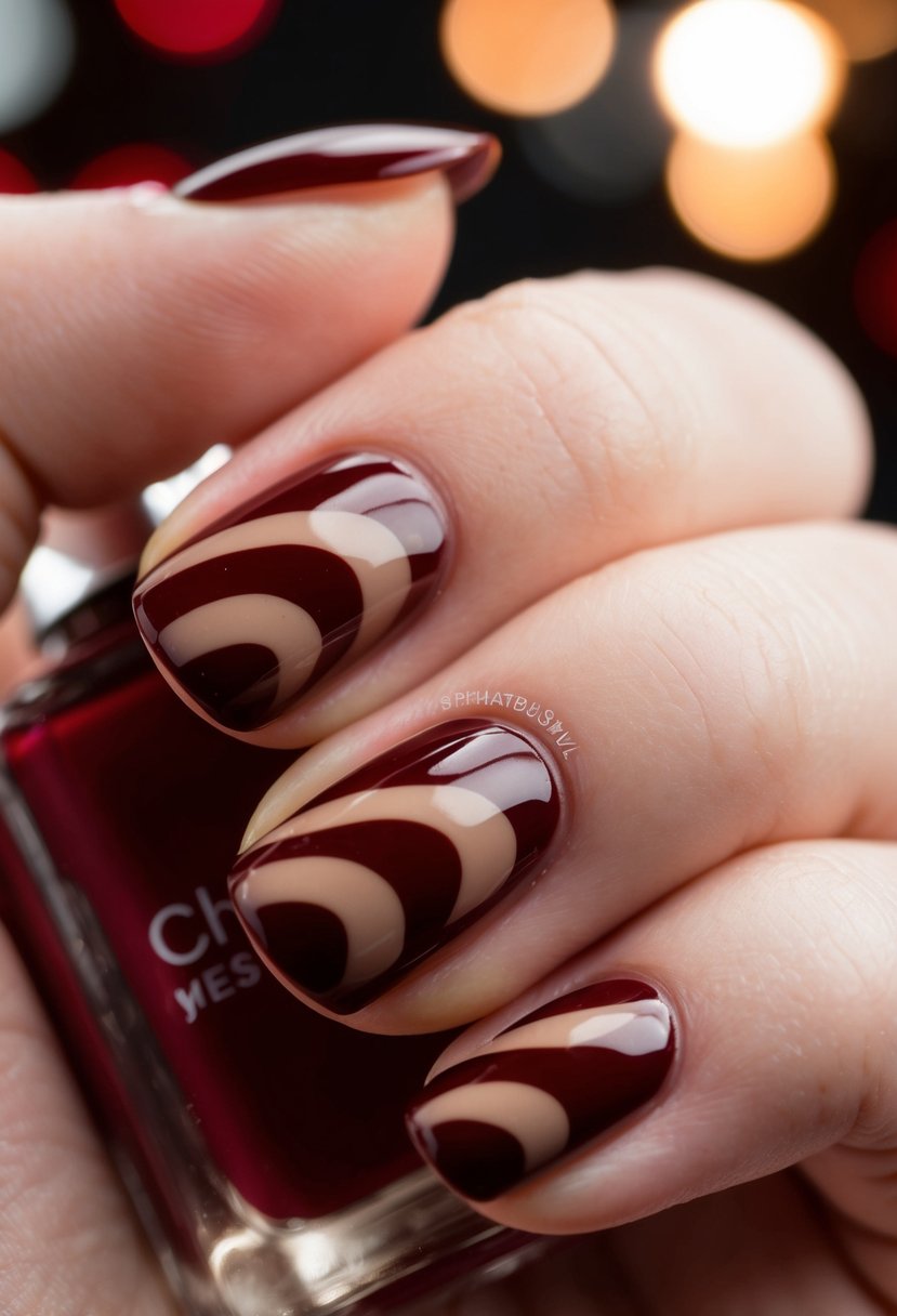 A close-up of glossy mocha swirls on cherry-colored nails