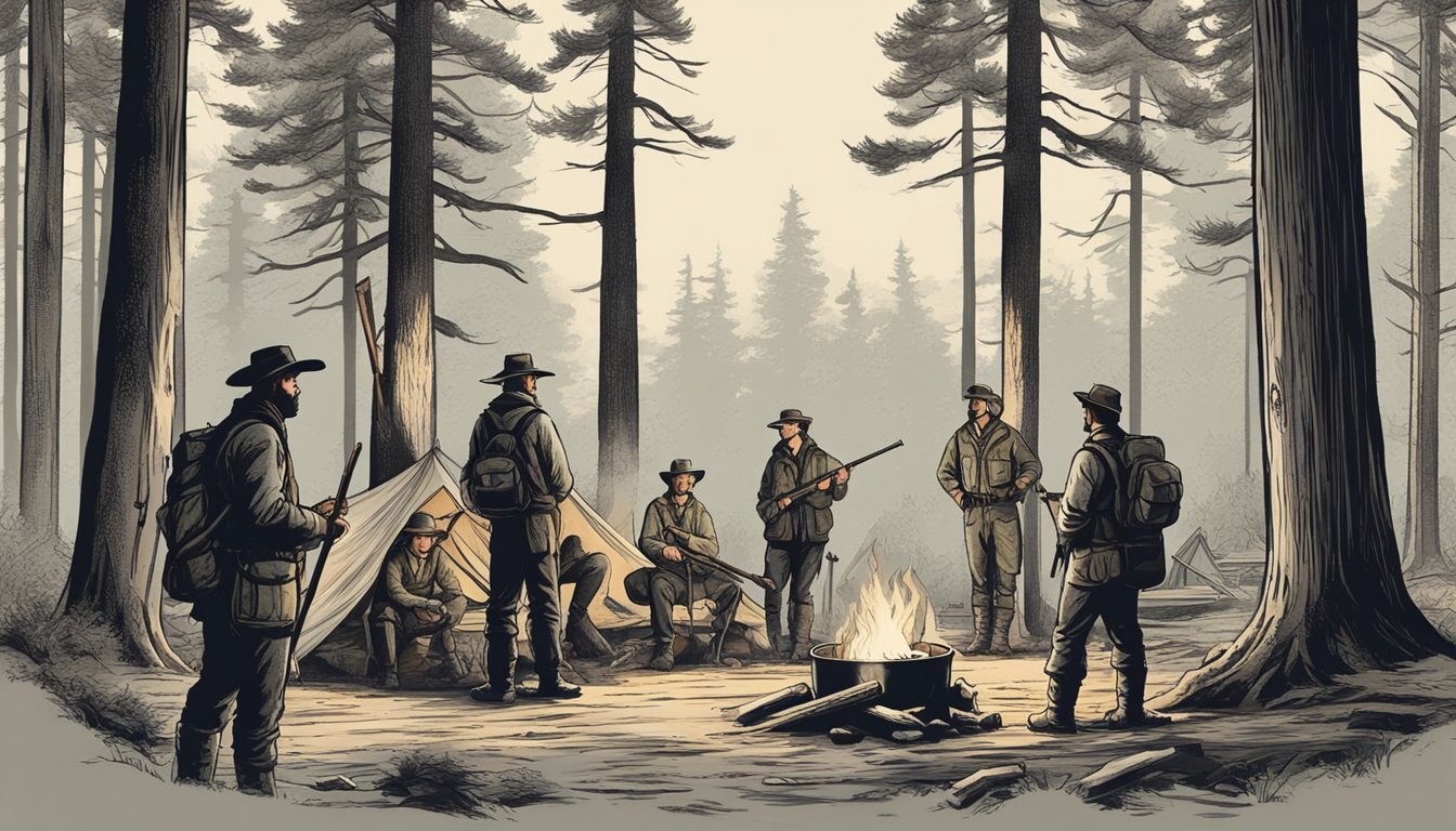 A group of hunters gather around a campfire, surrounded by tall trees and rustic wooden hunting stands. The camp is named and marked with a weathered sign