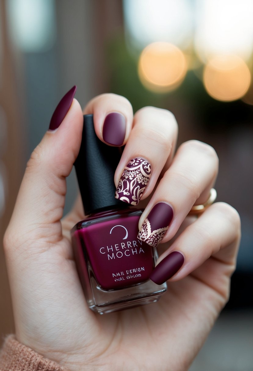 A matte cherry mocha nail design with elegant details and intricate patterns