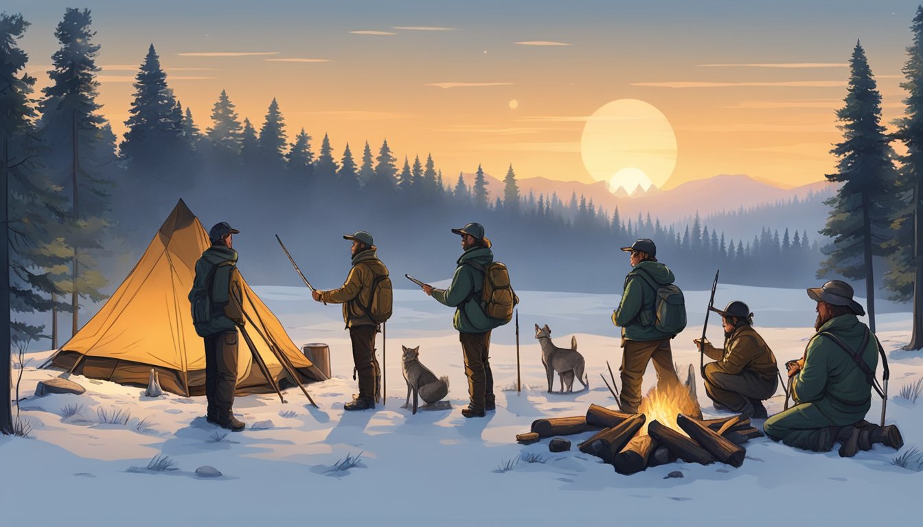 A group of hunters gather around a campfire, surrounded by tall trees and a serene forest landscape, as they discuss and name their hunting camps and stands