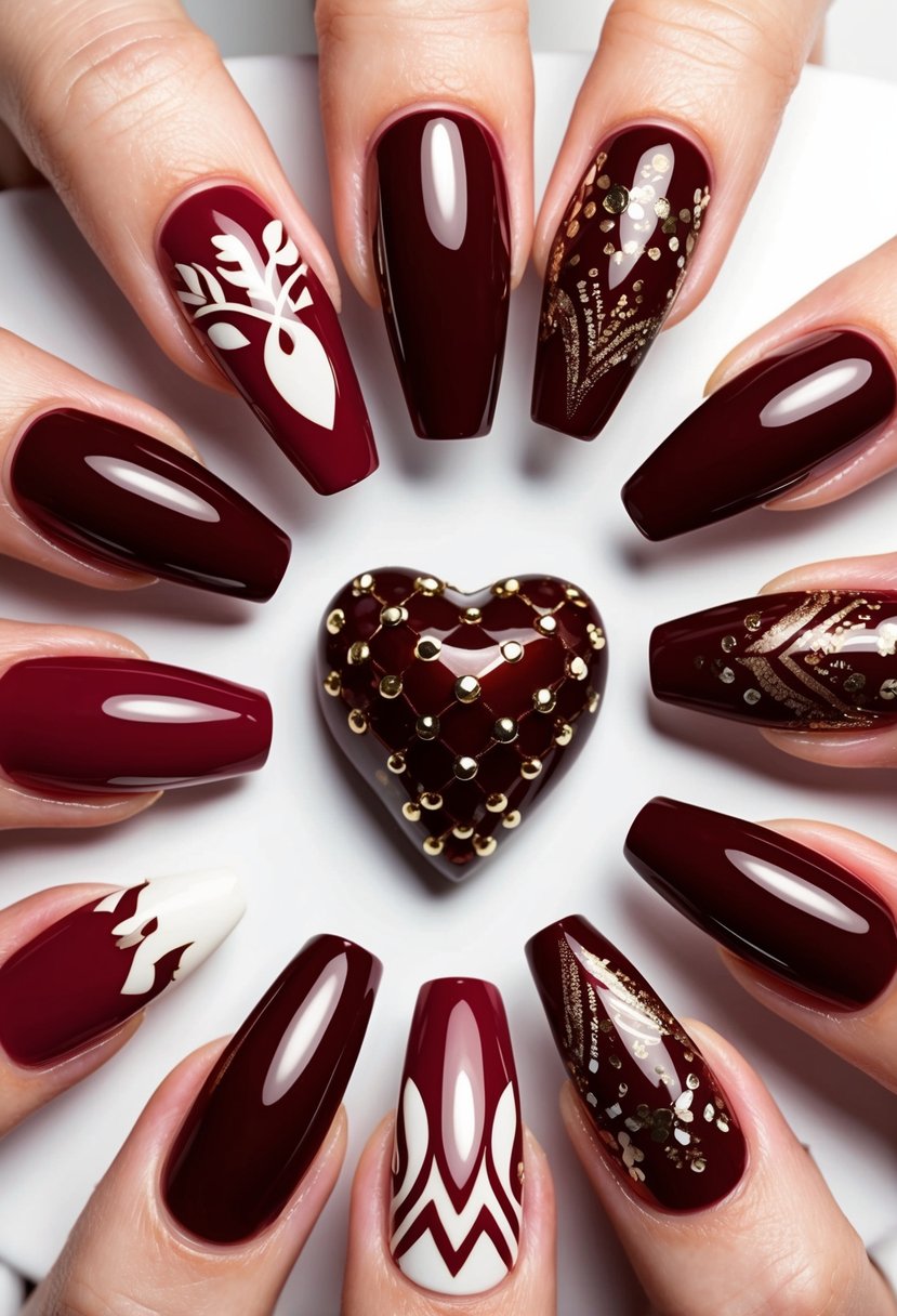 A close-up view of 10 cherry mocha nail designs arranged in a heart shape with cherry tips, featuring various intricate patterns and glossy finishes
