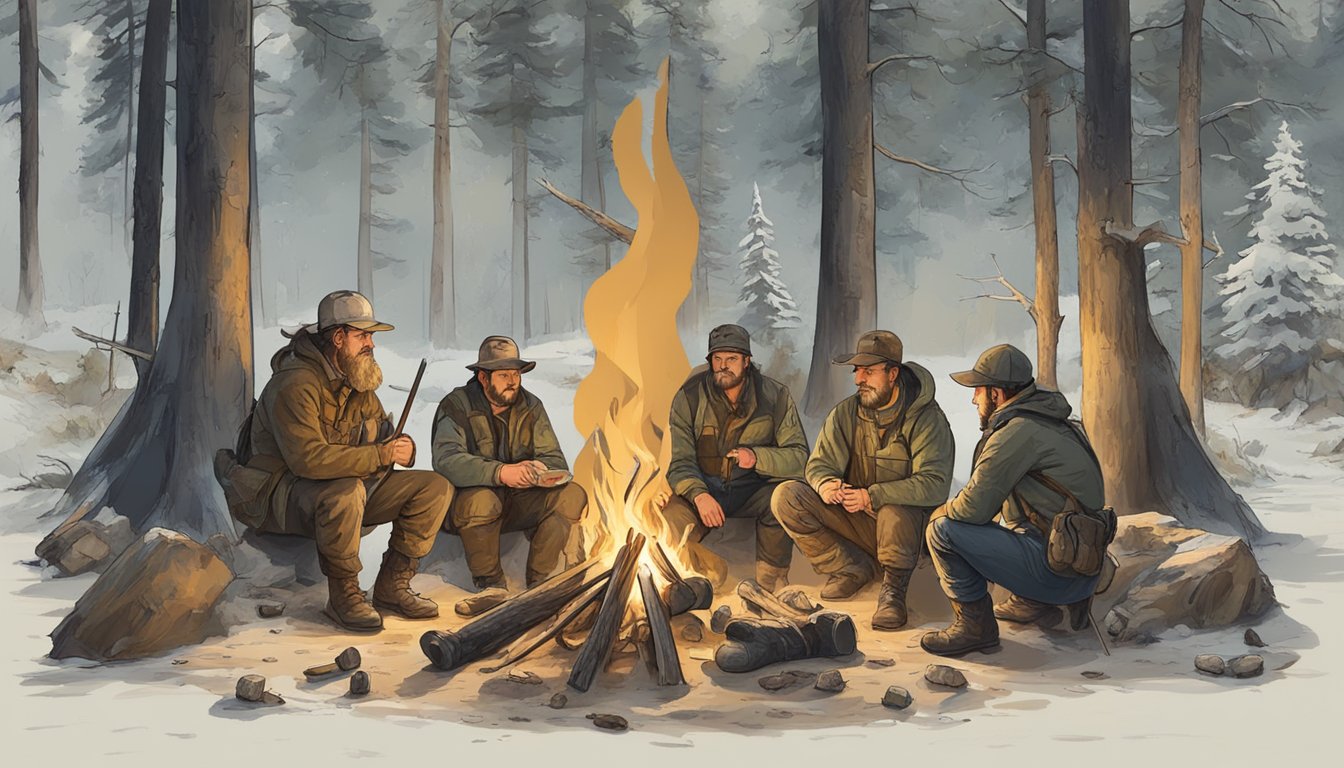 A group of hunters gather around a campfire, surrounded by trees and animal tracks. A signpost with various names marks the different hunting camps and stands