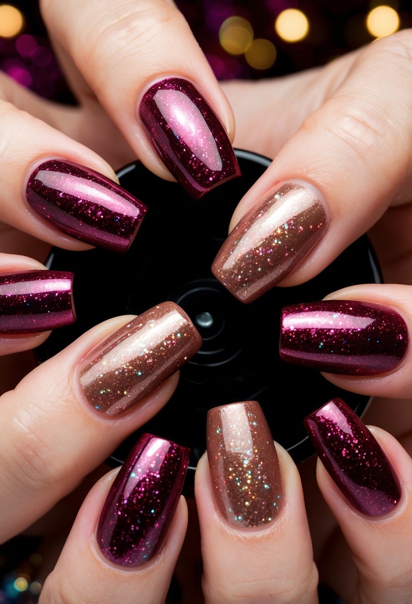 A close-up of glittery cherry mocha nails with mocha highlights, arranged in a stylish and artistic manner