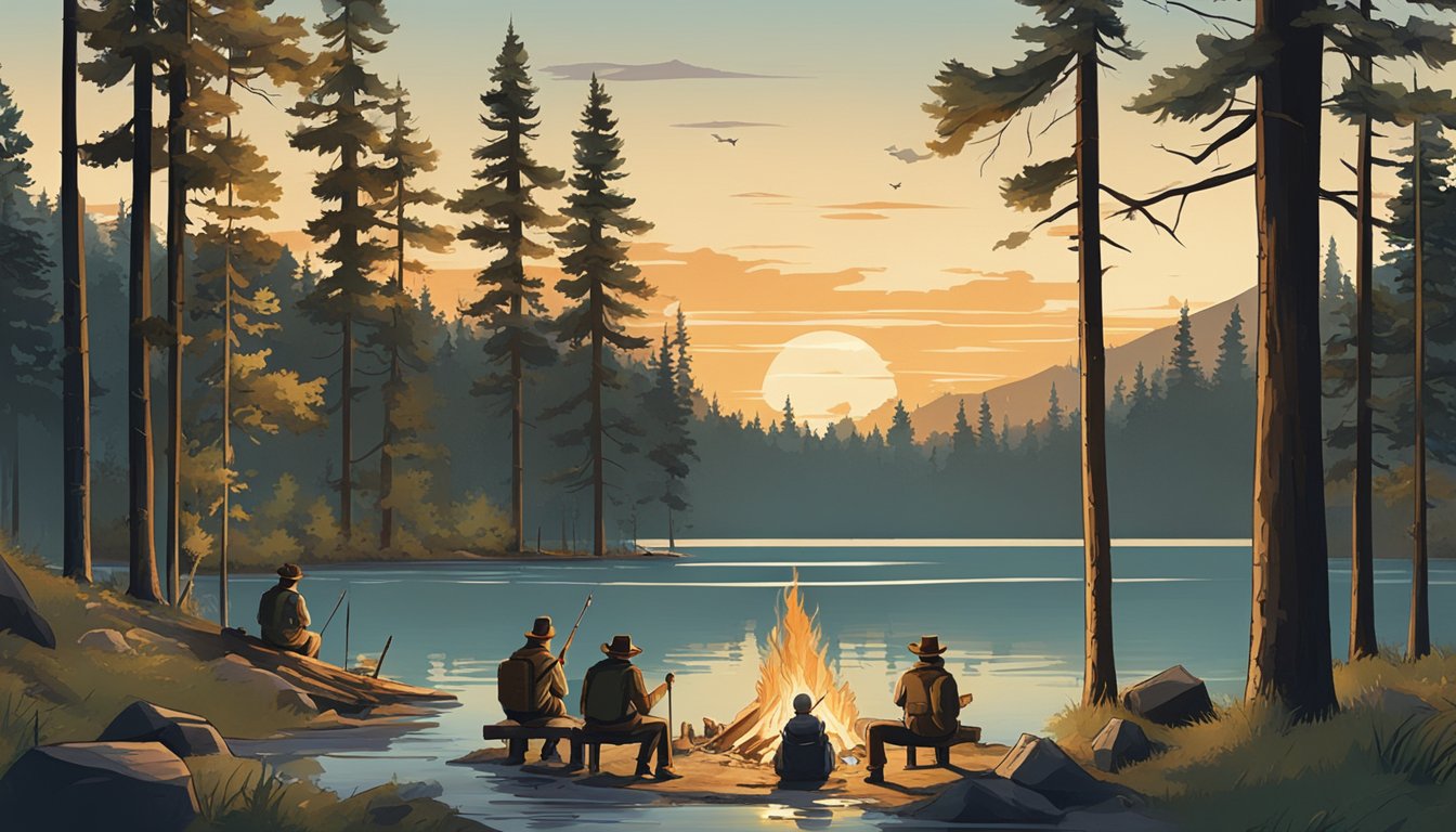 A group of hunters gather around a campfire, surrounded by tall trees and a serene lake. Stands are scattered throughout the area, each with its own unique name