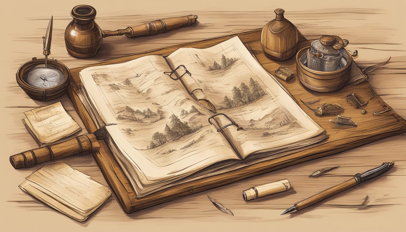 A rustic wooden desk with quill pen, inkwell, and aged parchment filled with detailed sketches and handwritten notes on hunting expeditions