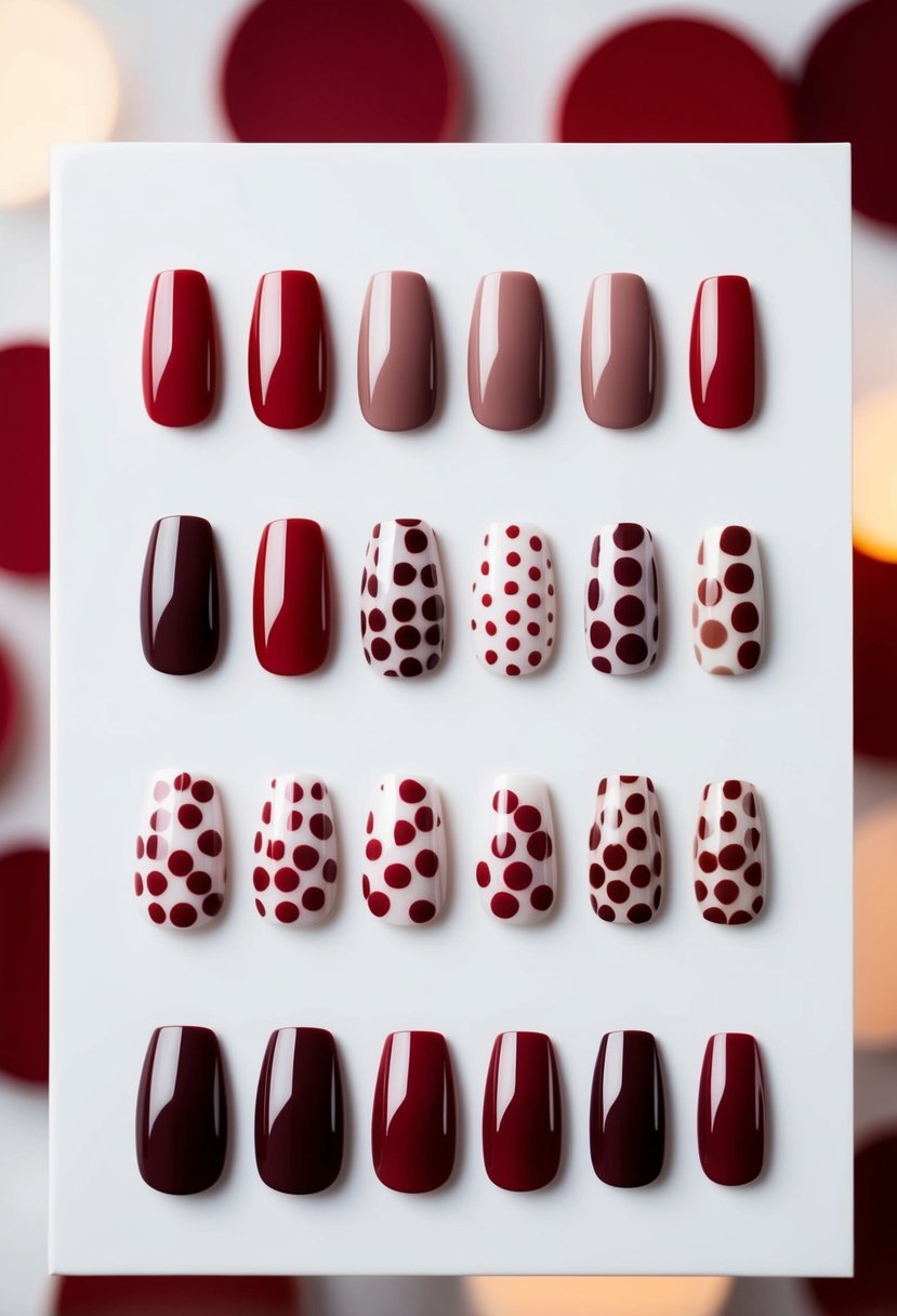 A white background with ten neatly arranged minimalist cherry dot nail designs in various shades of red and brown