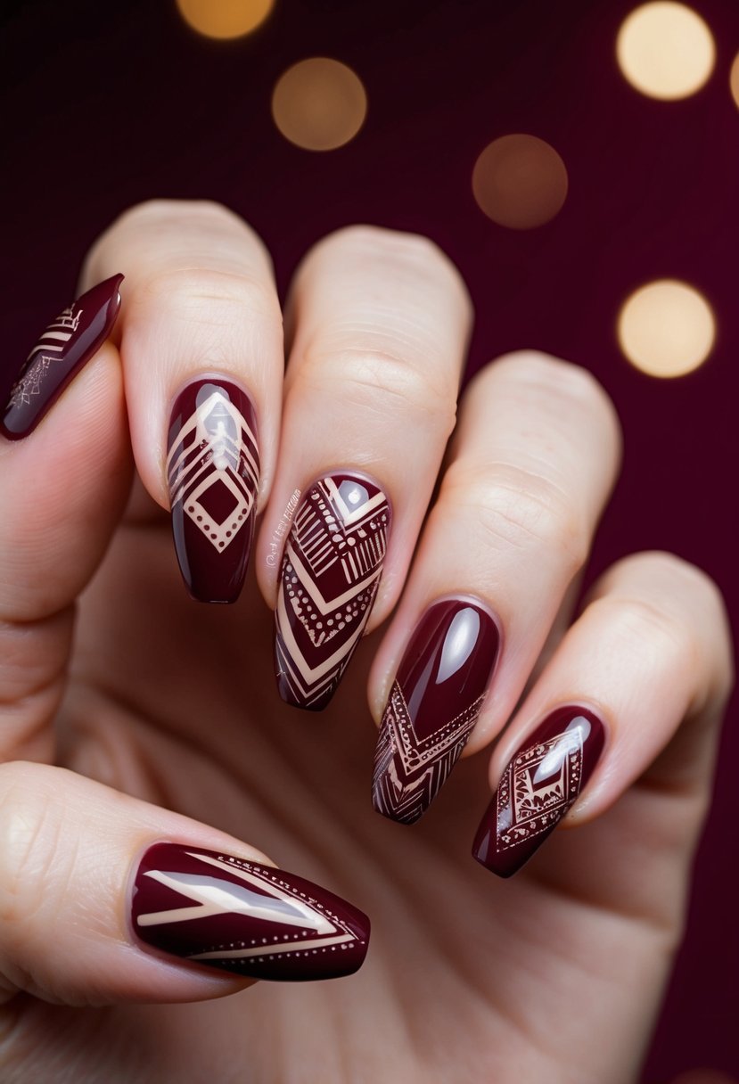 A close-up of geometric cherry mocha nails with intricate designs and patterns on each nail