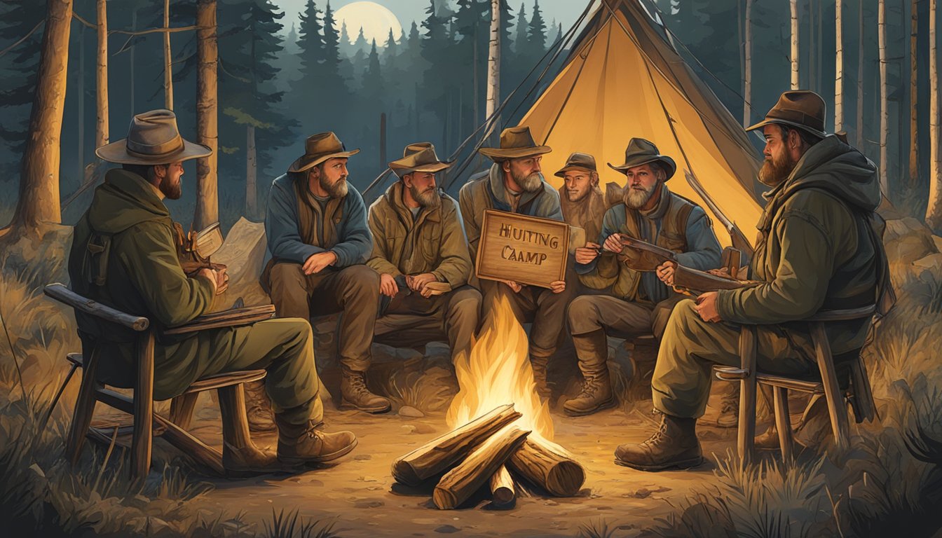 A group of hunters gather around a campfire, holding up a hand-carved sign with the name of their hunting camp. Trees and a hunting stand are visible in the background