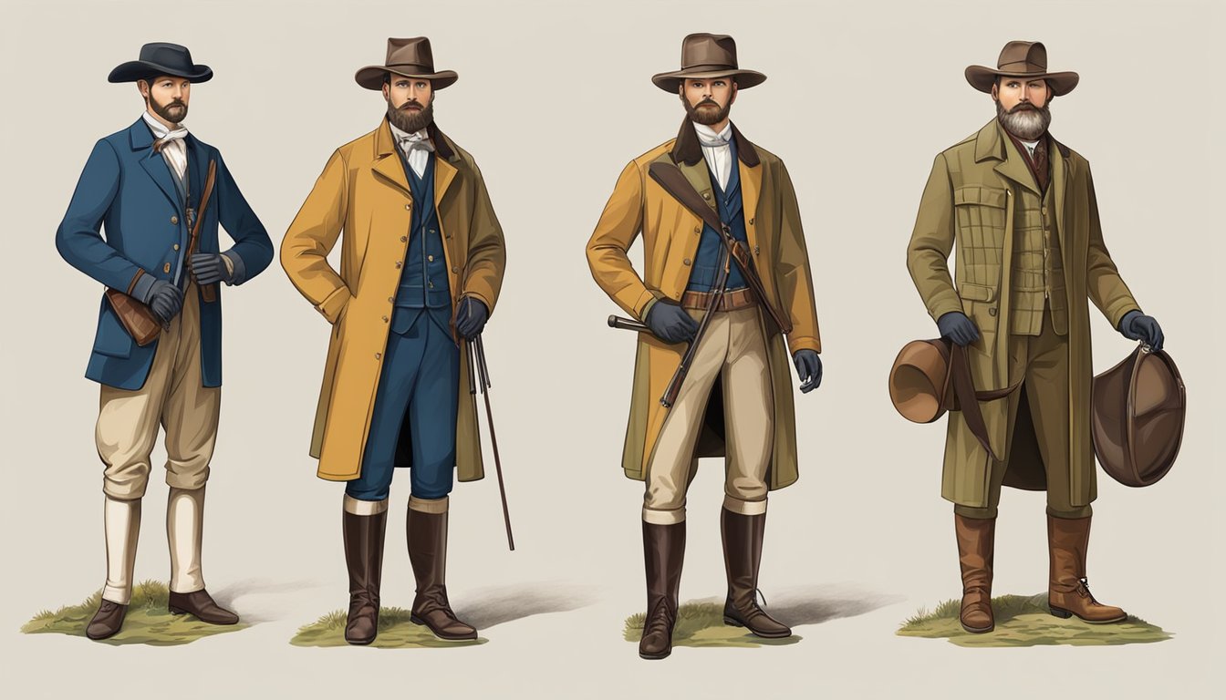 A collection of hunting attire from different time periods displayed on mannequins