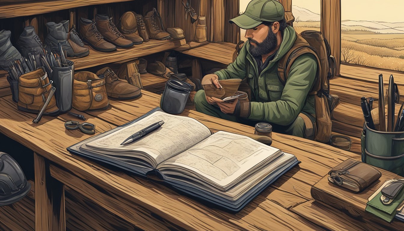 A hunter sitting at a rustic wooden table, surrounded by hunting gear and a journal, meticulously recording details of their recent hunting trip