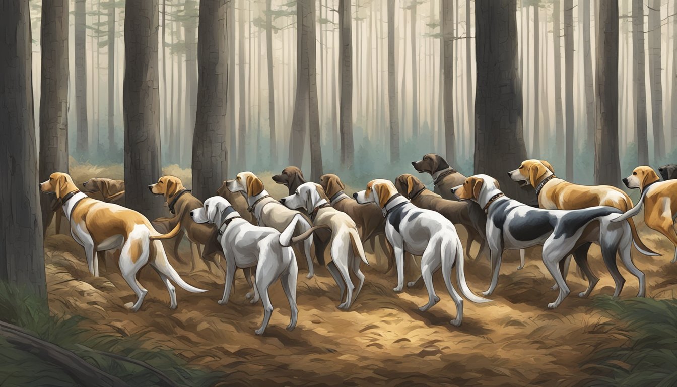 A pack of hounds eagerly follow their handlers through the forest, their noses to the ground as they search for the scent of their quarry