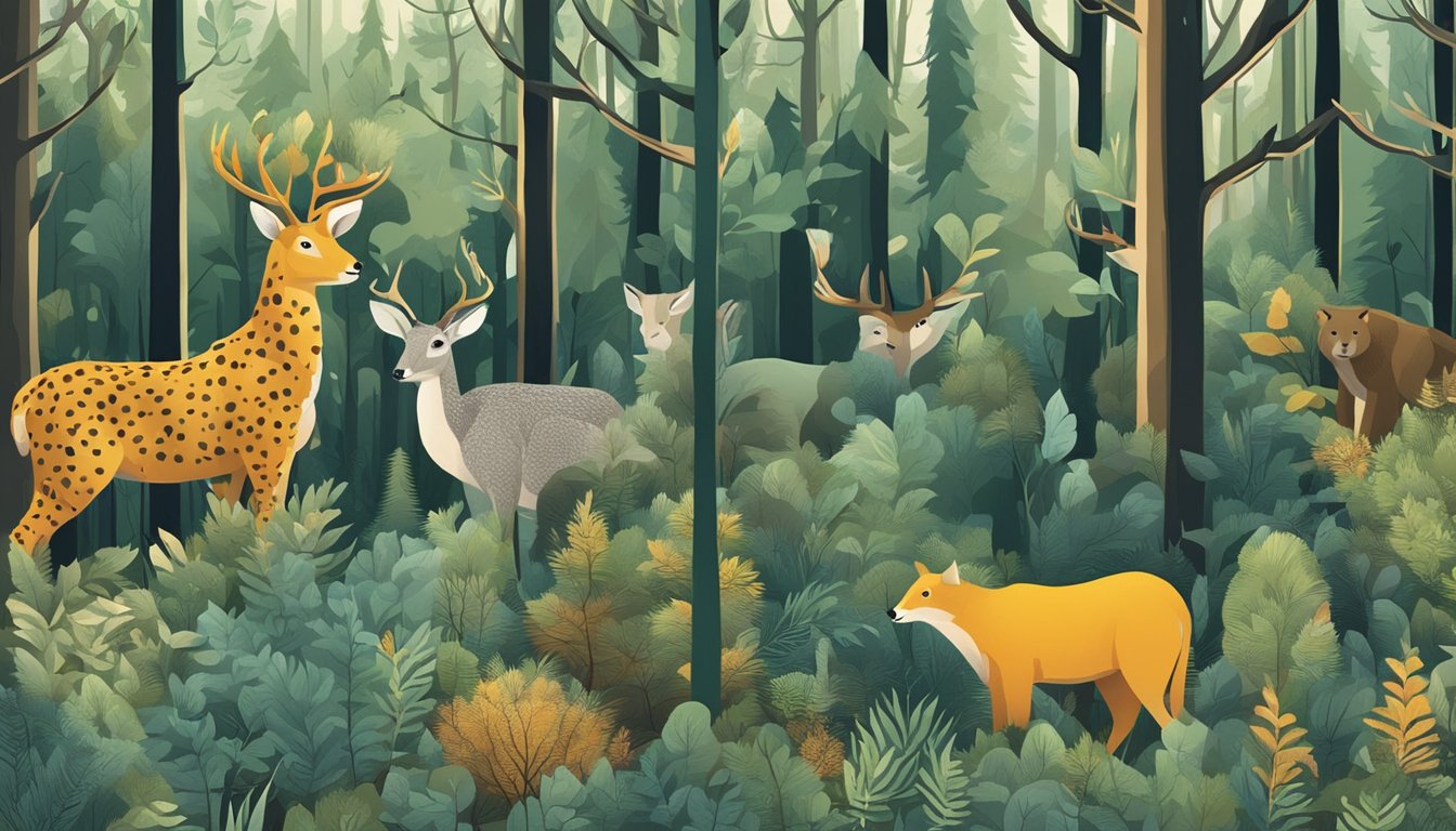 A forest scene with various animals blending into their surroundings using different forms of camouflage, from natural colors to disruptive patterns