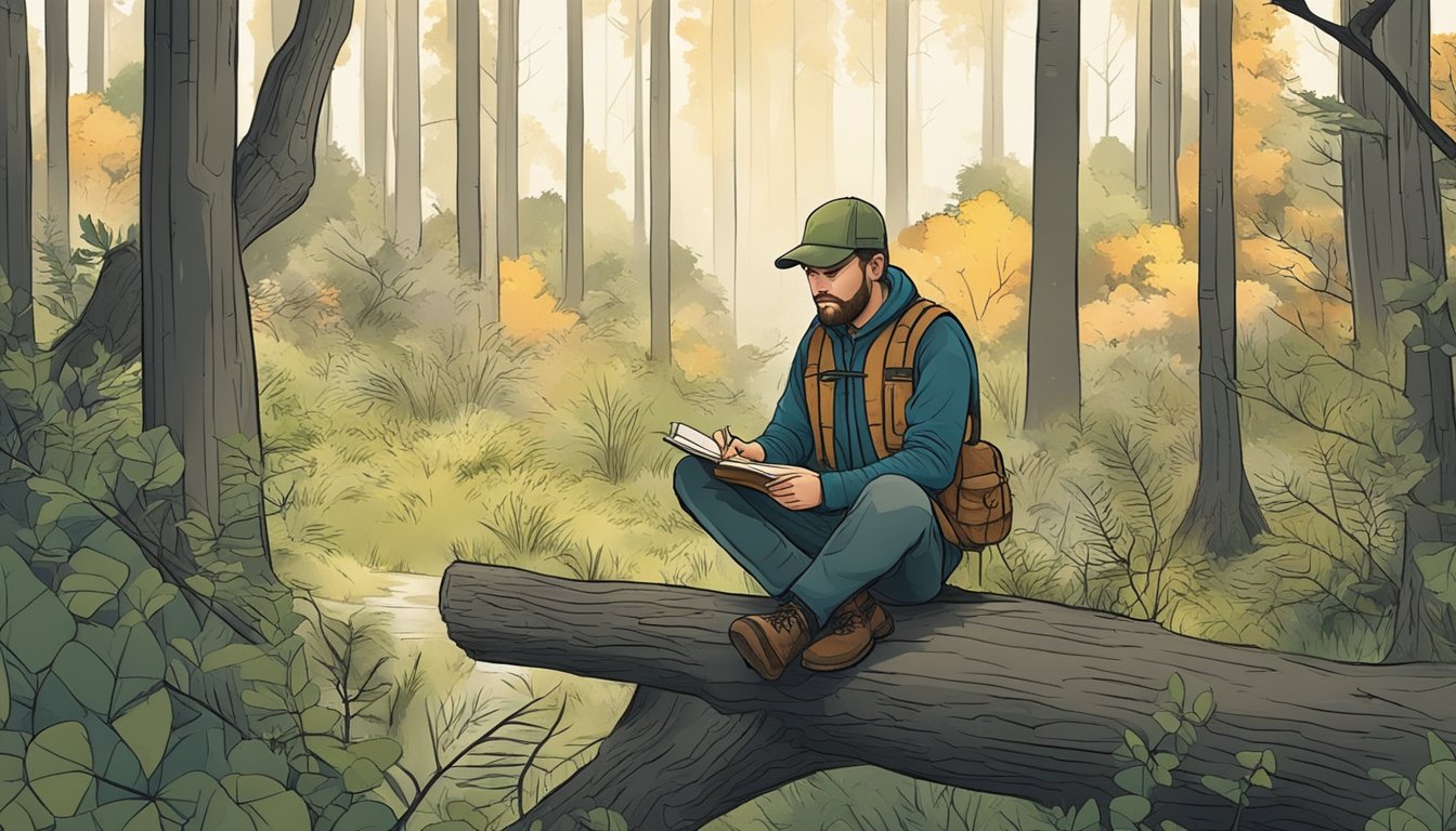 A hunter sitting in a forest, surrounded by trees and wildlife, writing in a journal