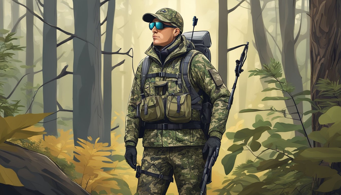 A modern hunter in camouflage gear with high-tech accessories, standing in a forest with a compound bow and trail camera