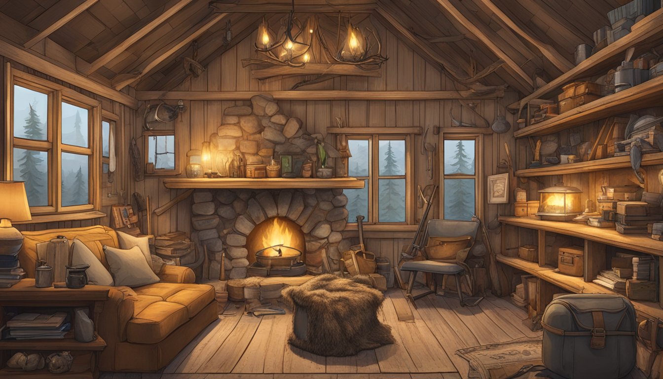 A cozy cabin with a crackling fire, surrounded by hunting gear, taxidermy trophies, and shelves filled with weathered hunting journals