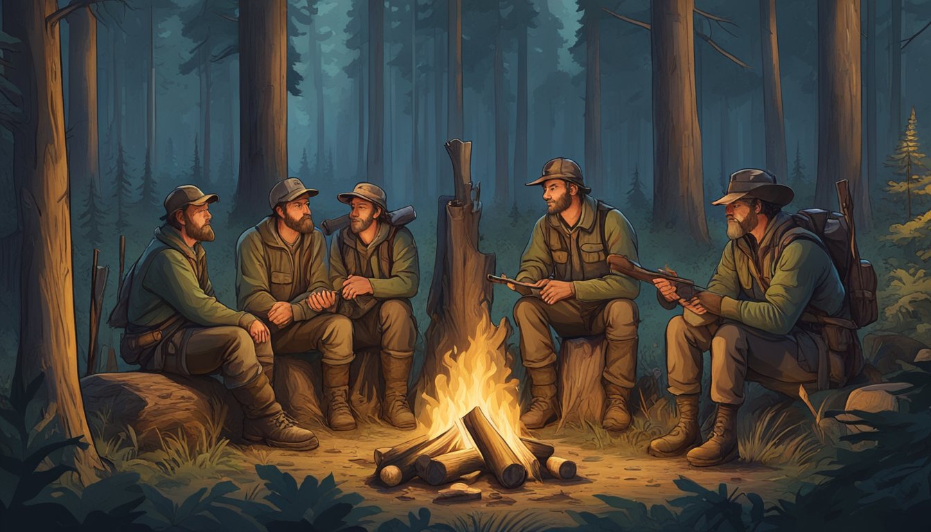 A group of hunters gather around a campfire, surrounded by a dense forest. A wooden signpost stands nearby, with various names carved into it