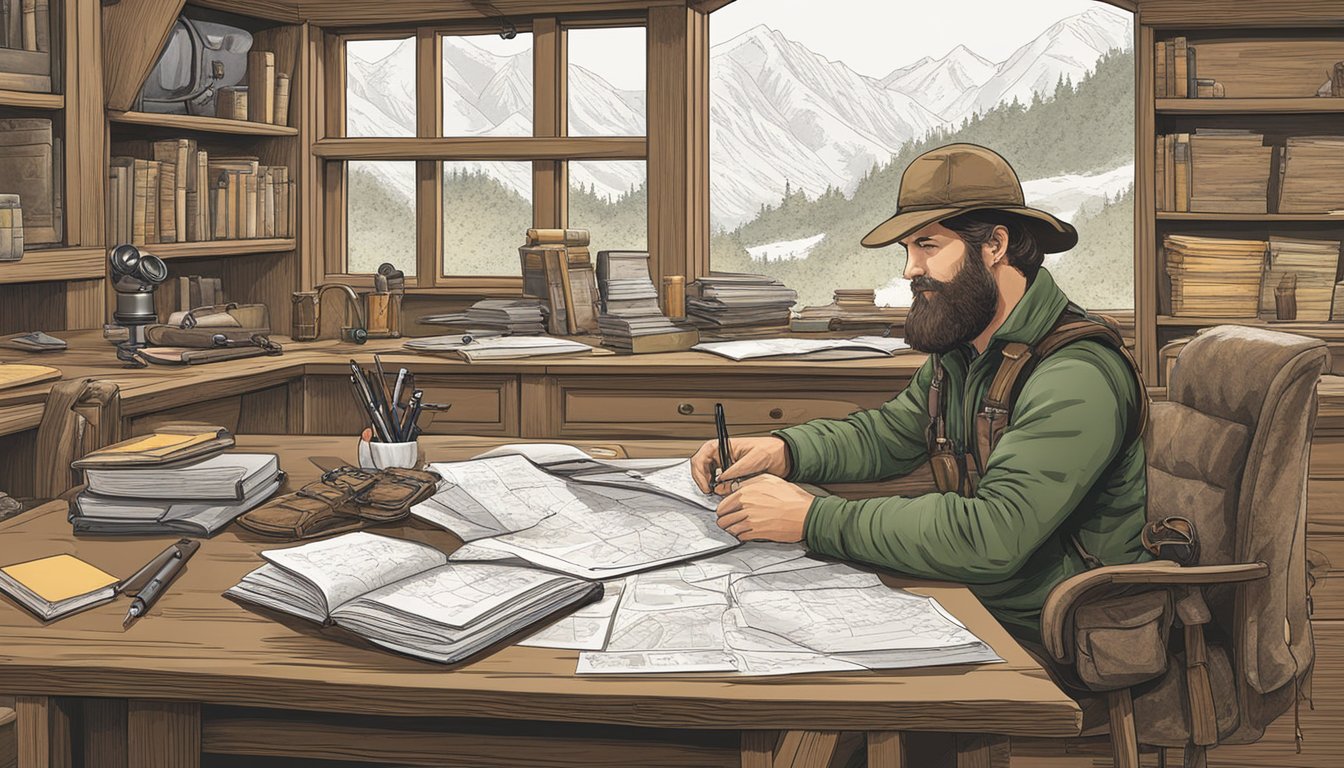 A hunter sits at a desk, surrounded by maps, binoculars, and a journal. They carefully mark locations and notes in their journal, preparing for the next hunting excursion