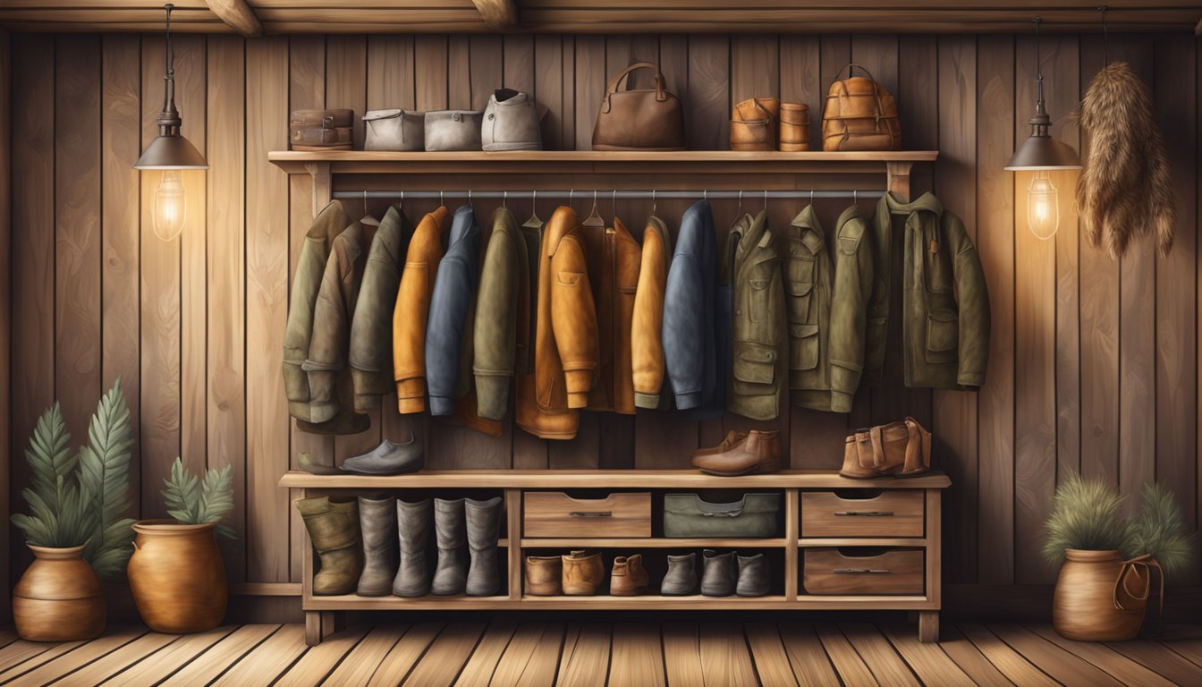 A hunter's wardrobe from ancient animal hides to modern camouflage, hanging on a rustic wooden wall rack in a cozy hunting lodge