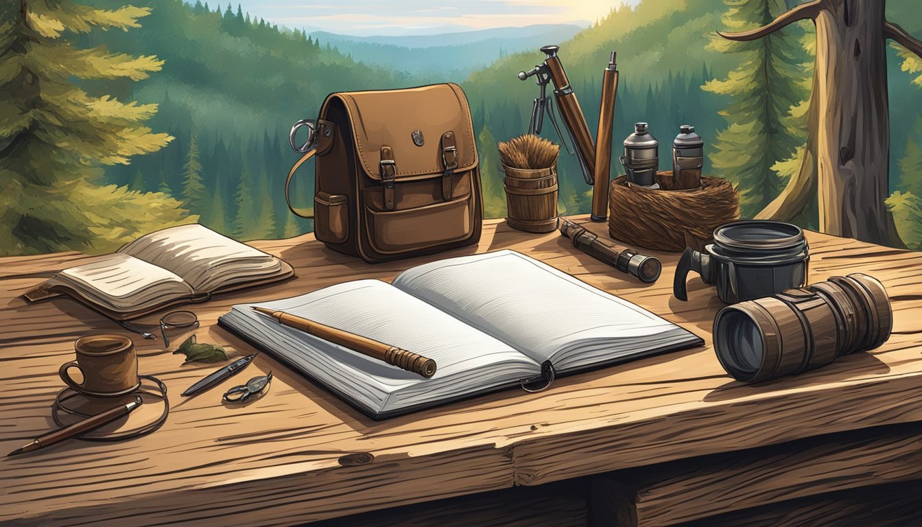 A rustic wooden desk with open journal, quill, and hunting gear laid out, surrounded by forest scenery and wildlife