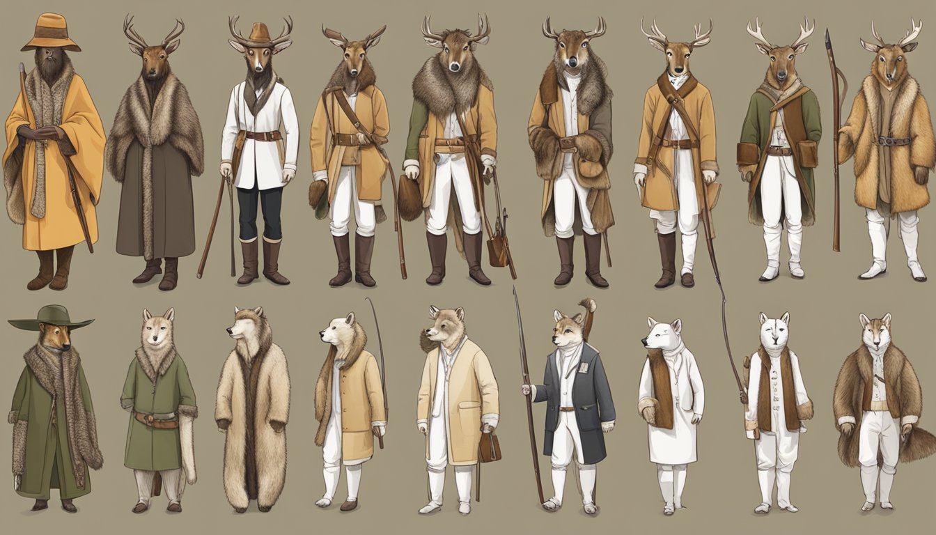 A series of animal pelts and hides displayed on a timeline, showing the evolution of hunting fashion through the ages