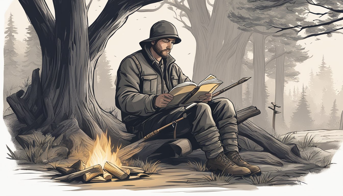 A hunter sits by a campfire, surrounded by nature. They are writing in a leather-bound journal, with a bow and arrows leaning against a nearby tree