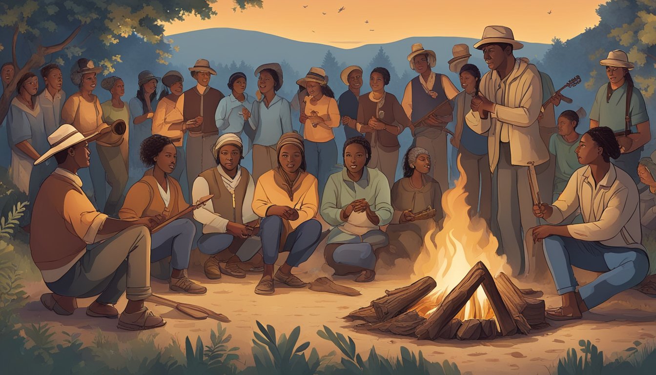 A group of people gathered around a campfire, singing traditional hunting songs, while others dance and play instruments, illustrating the cultural significance of community and social dynamics