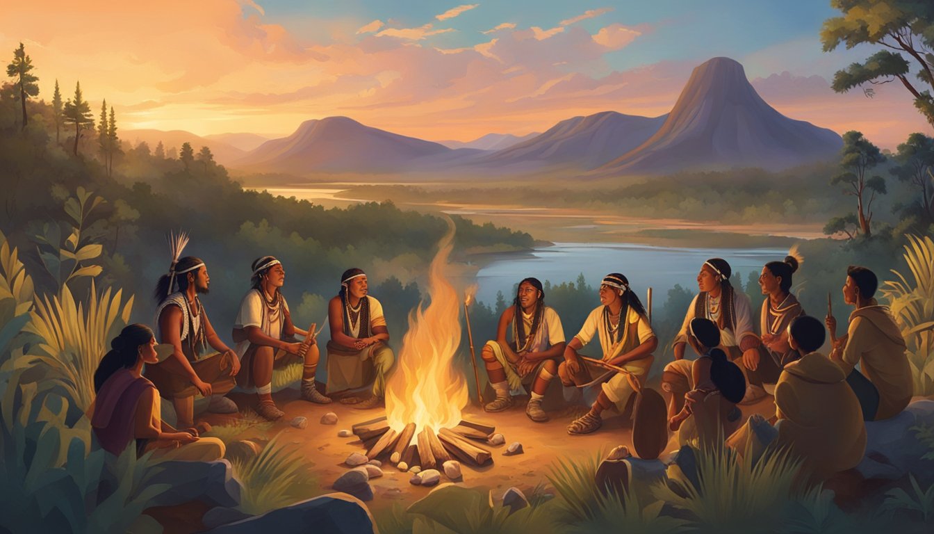 A group of indigenous people gather around a fire, singing traditional hunting songs. The surrounding landscape is lush and teeming with wildlife