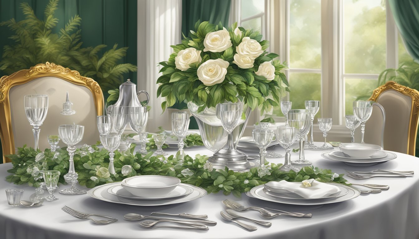 A grand banquet table set with fine china, silverware, and crystal glasses. Lush greenery and elegant decor adorn the room, evoking a sense of tradition and opulence