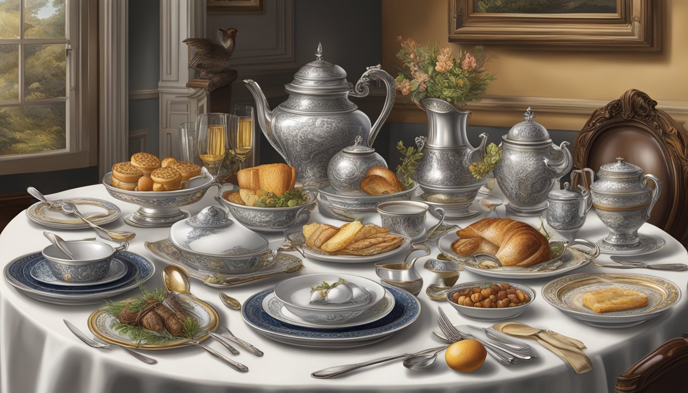 A table set with elegant silverware, fine china, and a spread of traditional hunt breakfast dishes, surrounded by hunting paraphernalia and trophies