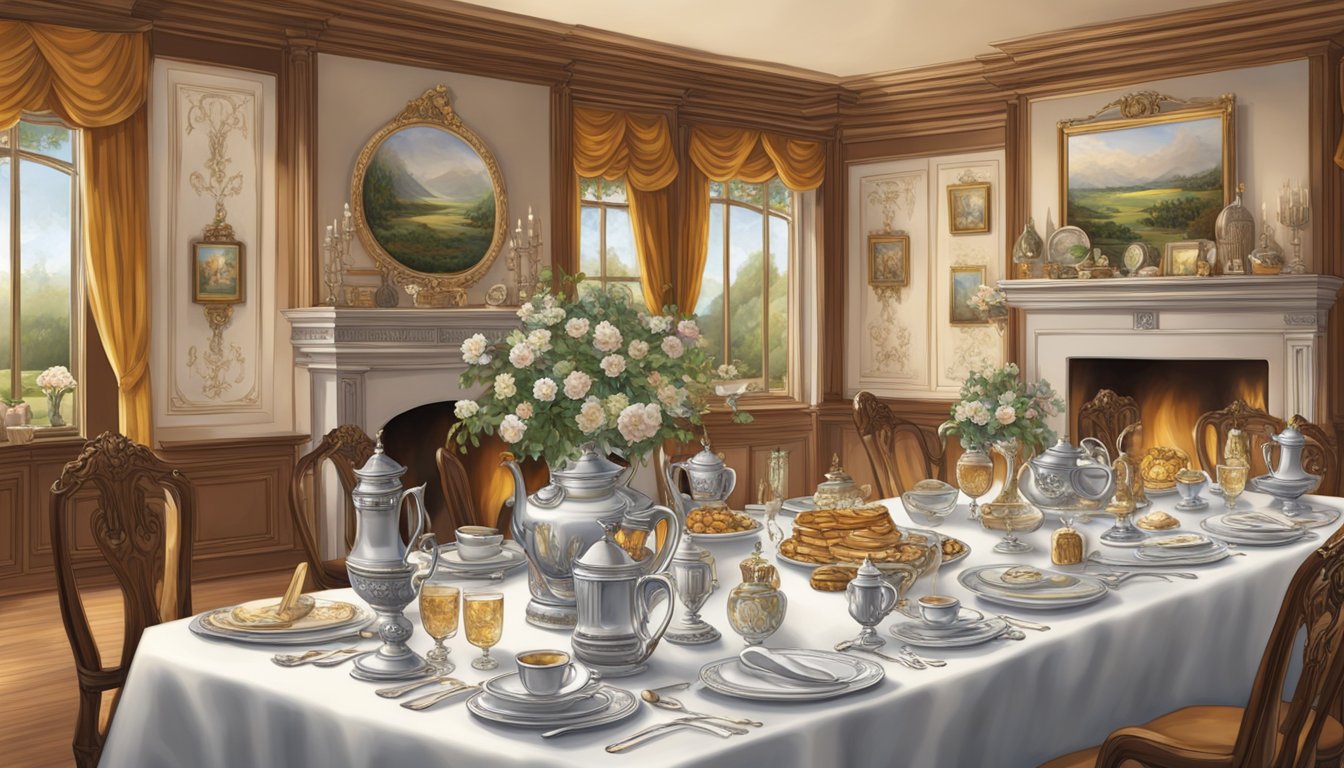 A grand table set with fine china and silverware, surrounded by elegant equestrian and hunting gear. A roaring fireplace and mounted trophies adorn the walls