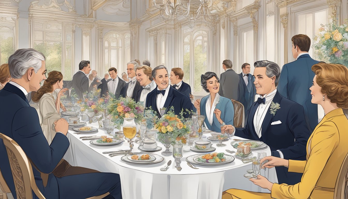 A long, elegant table set with fine china and silverware, surrounded by well-dressed individuals engaged in lively conversation