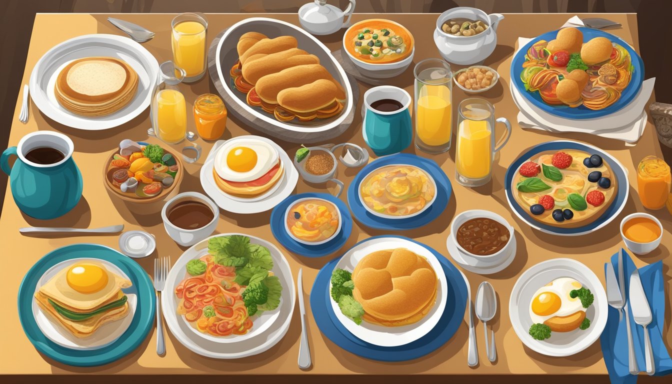 A grand dining table set with an array of international breakfast foods, surrounded by diverse cultural symbols and artifacts