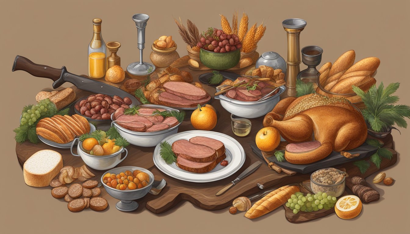 A table set with a spread of meats, fruits, and breads, surrounded by hunting gear and trophies