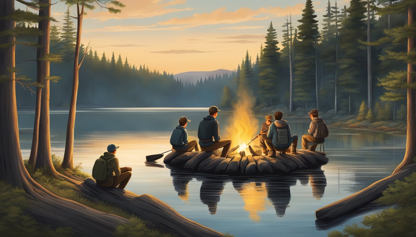 A family stands around a campfire in the Adirondack wilderness, surrounded by tall trees and a serene lake, preparing for a traditional hunting expedition