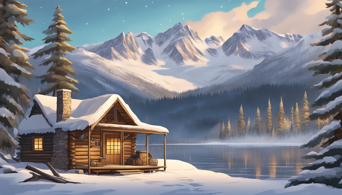 A cozy cabin nestled in a snowy forest, with a crackling fire and hunting gear laid out. Snow-capped mountains loom in the background