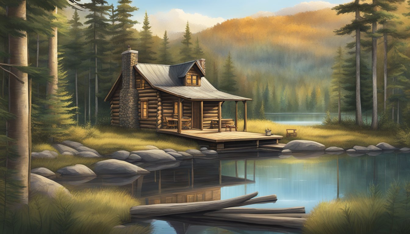 A rustic cabin nestled in the Adirondack mountains, surrounded by tall trees and a tranquil lake, with hunting licenses and regulations displayed on a wooden table