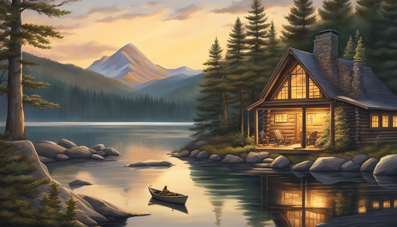 A cozy cabin nestled in the Adirondack mountains, surrounded by lush forests and a serene lake. A family of hunters gather around a crackling fire, sharing stories and preparing for their next expedition