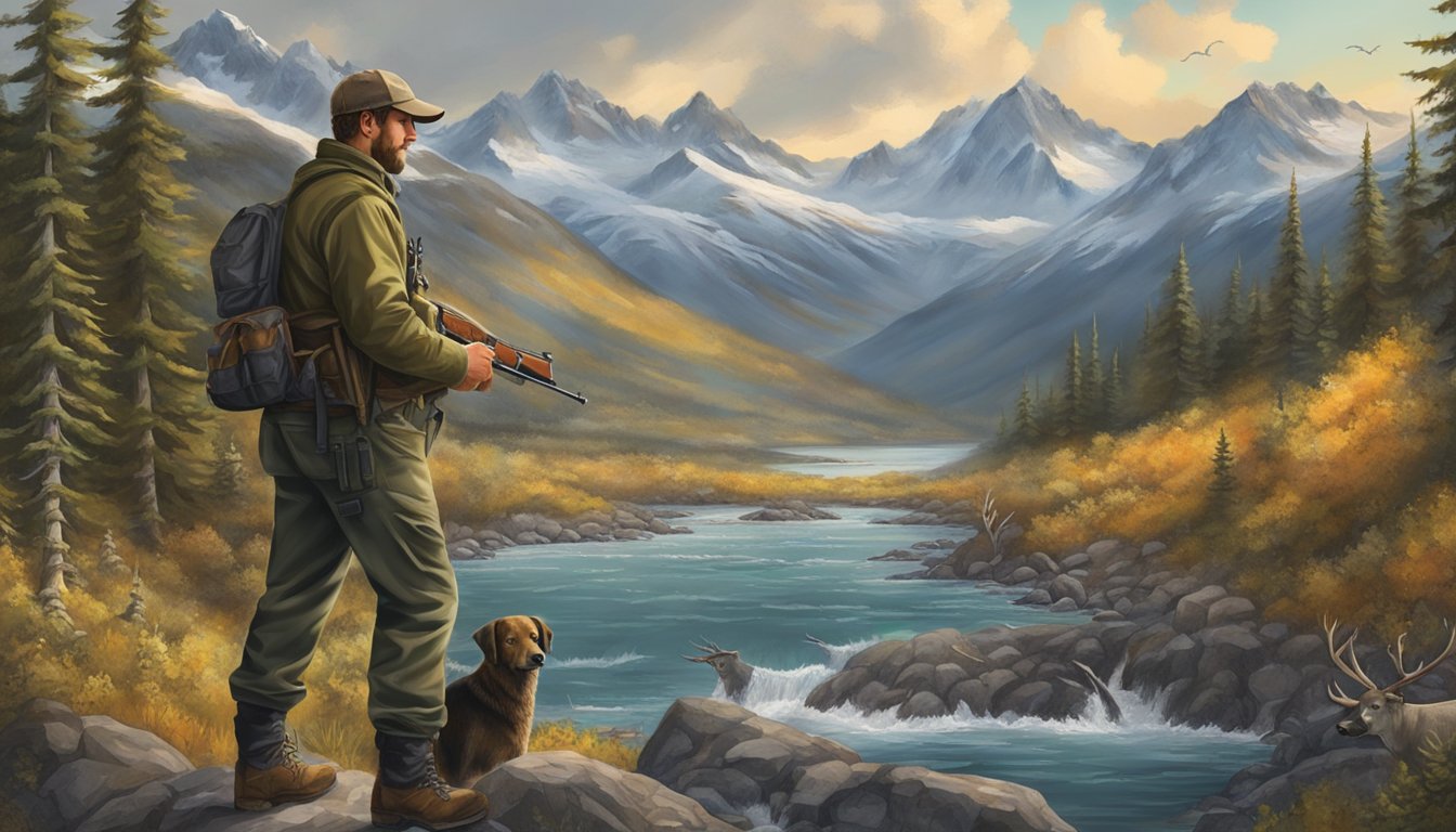 A hunter in Alaska holds a firearm while surrounded by licenses, permits, and hunting regulations. The rugged terrain and wildlife add to the scene