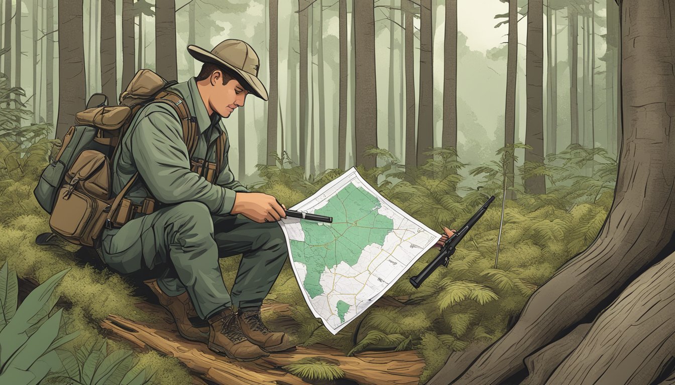 A hunter in Alabama checking firearm regulations in a forest clearing with a map and hunting gear