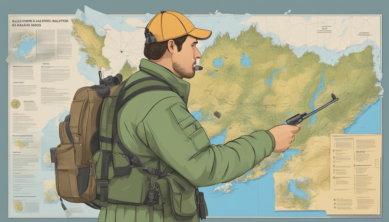 A hunter in Alaska consults a detailed map showing firearm regulations for different hunting areas