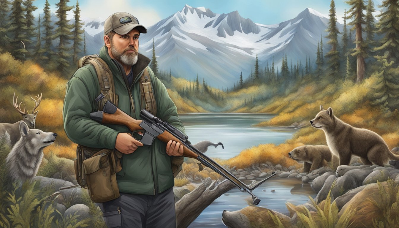 A hunter in Alaska holding a firearm, surrounded by diverse wildlife and natural habitat, with clear signs of conservation efforts