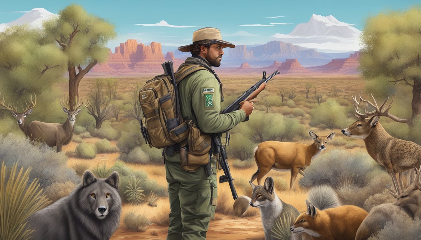 A hunter in Arizona holding a firearm, surrounded by diverse wildlife and varying terrain, with clear signage indicating hunting regulations