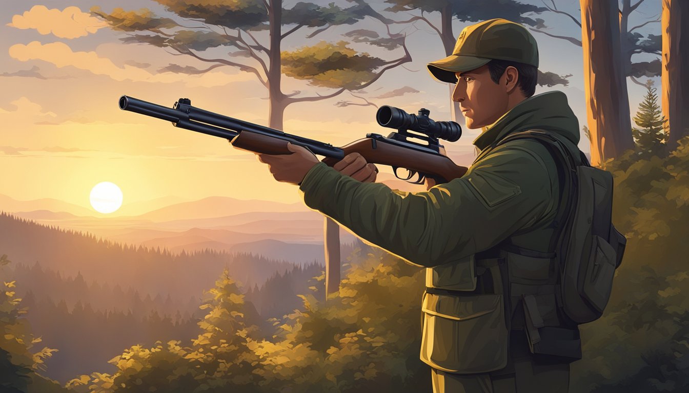 A hunter in a forest at dawn, holding a firearm, with the sun rising in the background