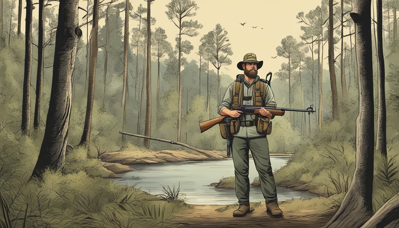 A hunter in Alabama follows firearm regulations while hunting in a wooded area, with proper gear and adherence to hunting laws