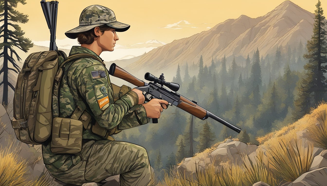 A hunter in camouflage attire holding a rifle, surrounded by California's wilderness, with a sign displaying firearm regulations