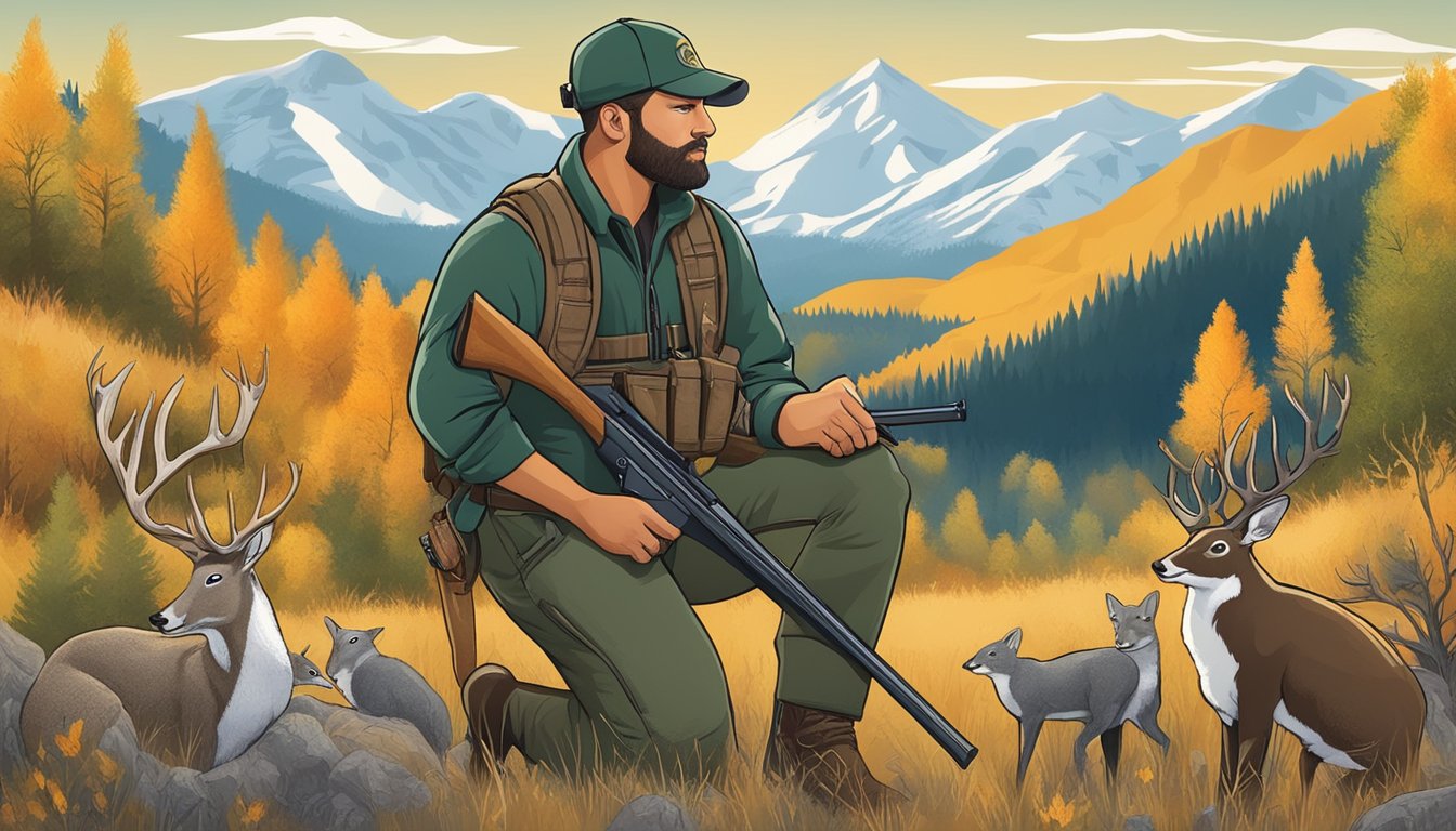 A hunter in Colorado, with a rifle, surrounded by wildlife and a sign detailing hunting seasons and restrictions